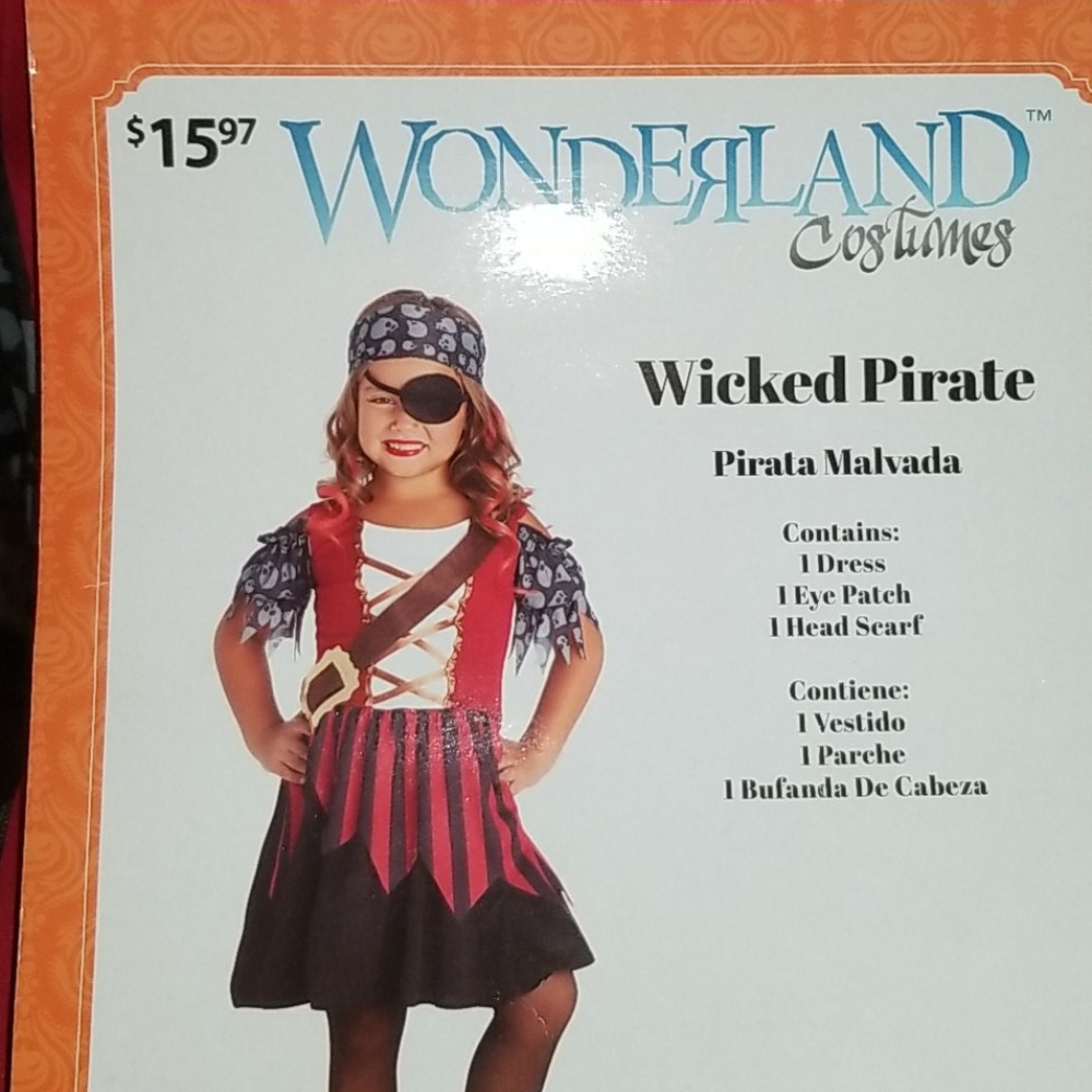 Kid's pirate costume, 8-10, skulls, red & black